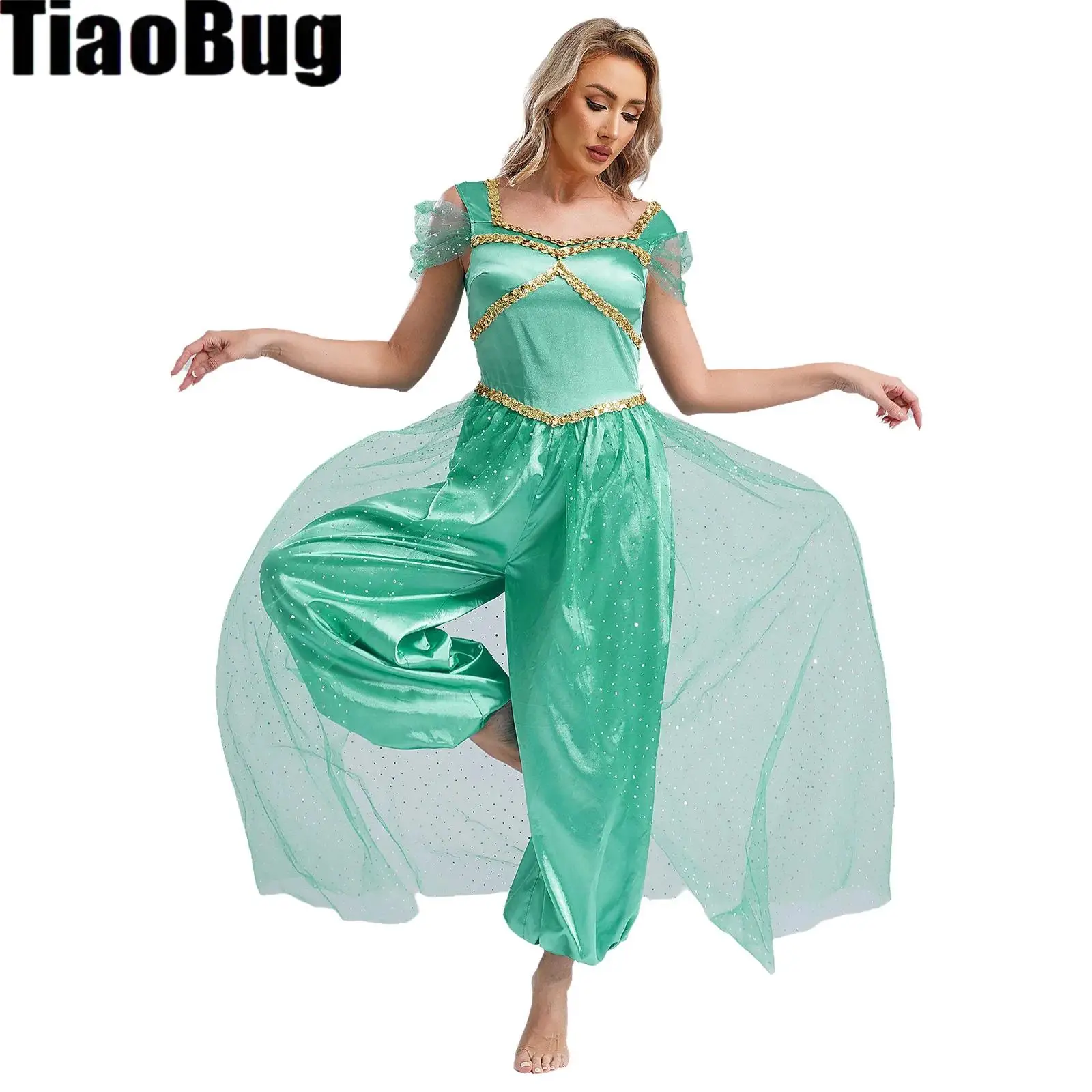 

Womens Sequin Belly Jumpsuit Trim Pumpkin Dance Pants with Tulle Overlay One-piece Romper for Halloween Arabic Cosplay Party