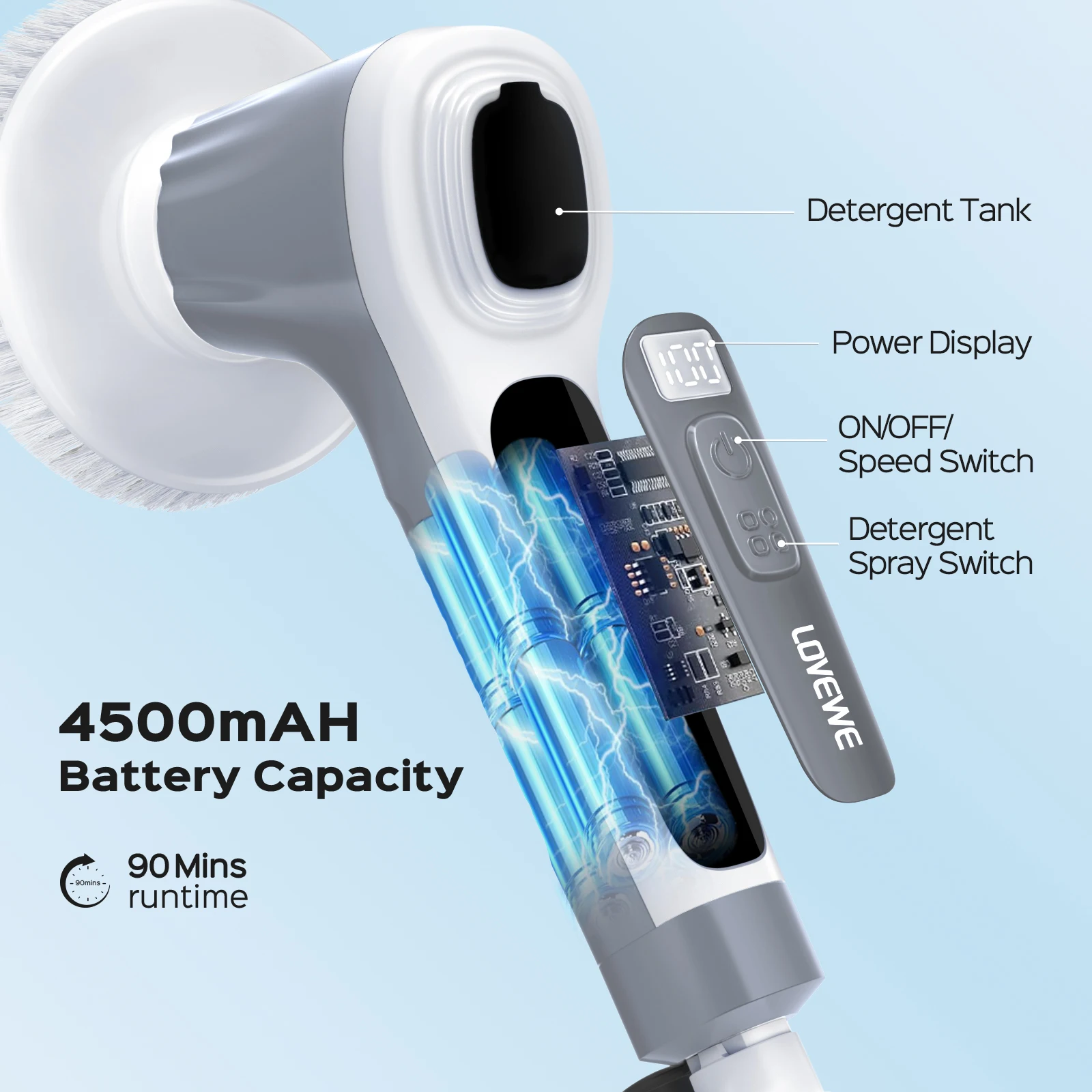 Electric Spin Scrubber, Cordless 4500mAh with Spray, Adjustable Handle, 6 Brush Heads, 2 Speeds, for Bathroom Cleaning