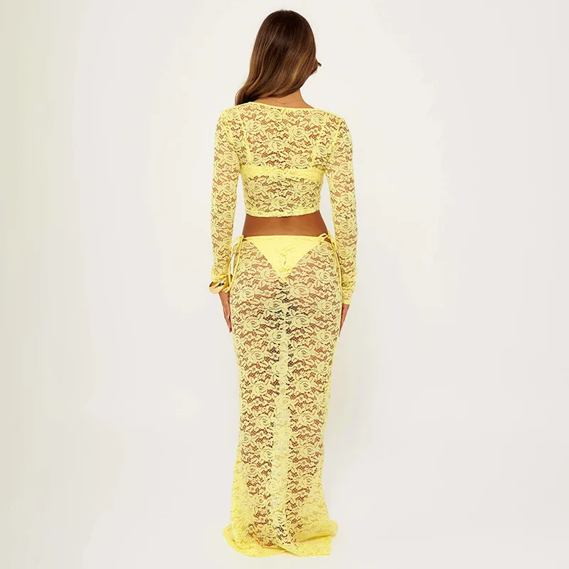 Combhasaki Damen-Sommer-2-teiliges Outfit-Set mit Blumenspitze und langen Ärmeln, bauchfreies Hemd mit Knöpfen und elastischer Taille, Meerjungfrauenröcke