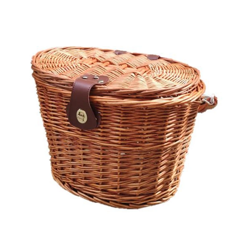 Bicycle Front Basket Wicker MTB Road Bike Basket With Leather Belt Handmade Natural Rattan Bike Storage Basket Cargo