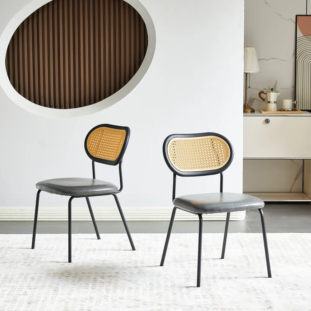 

Light Grey modern simple style dining chair PU leather black metal pipe PP back dining room furniture chair set of 2
