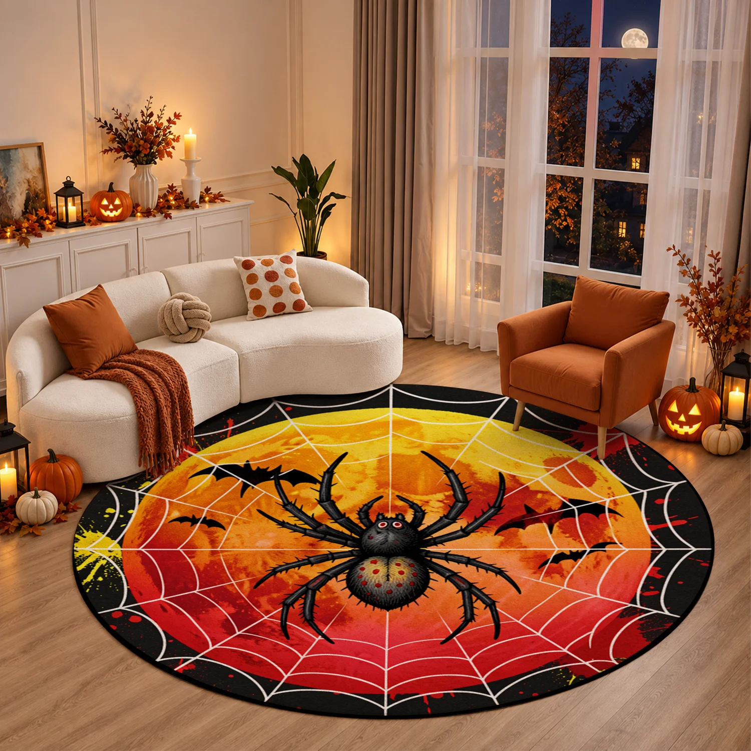 Halloween Spider Web Design Round Velvet Rug, Machine Washable, Perfect For Living Room, Bedroom, Entryway, Dining Area, Suitable For Halloween, Thanksgiving, Christmas, New Year, Black Friday, Cyber Monday
