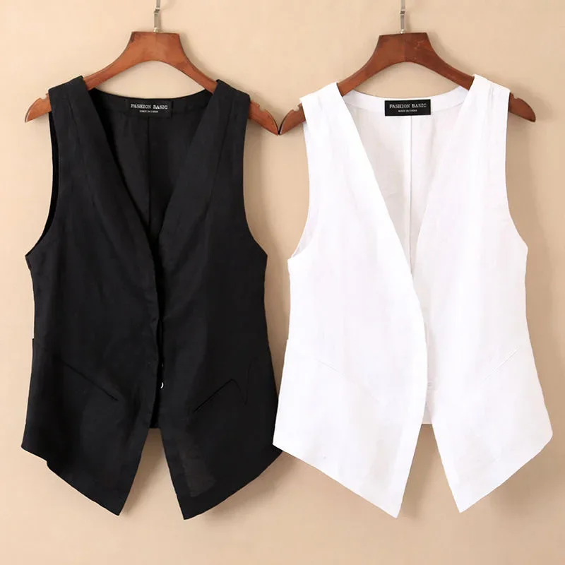 Chaleco corto de mezcla de algodón y lino para mujer, chaqueta de abrigo de estilo para mujer, moda de otoño y verano, diseño versátil de Color sólido