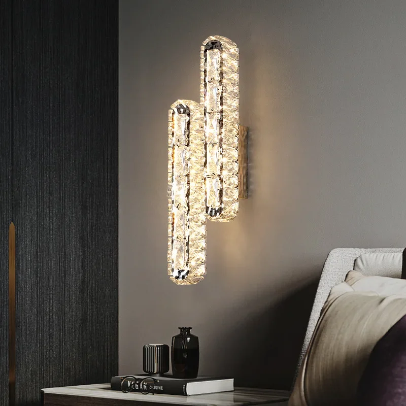 

Modern Crystal LED Wall Lamp Surface Mount Bedroom Aisle Parlor Dining Room Wall Lights Rectangle Silver Nordic Sconces