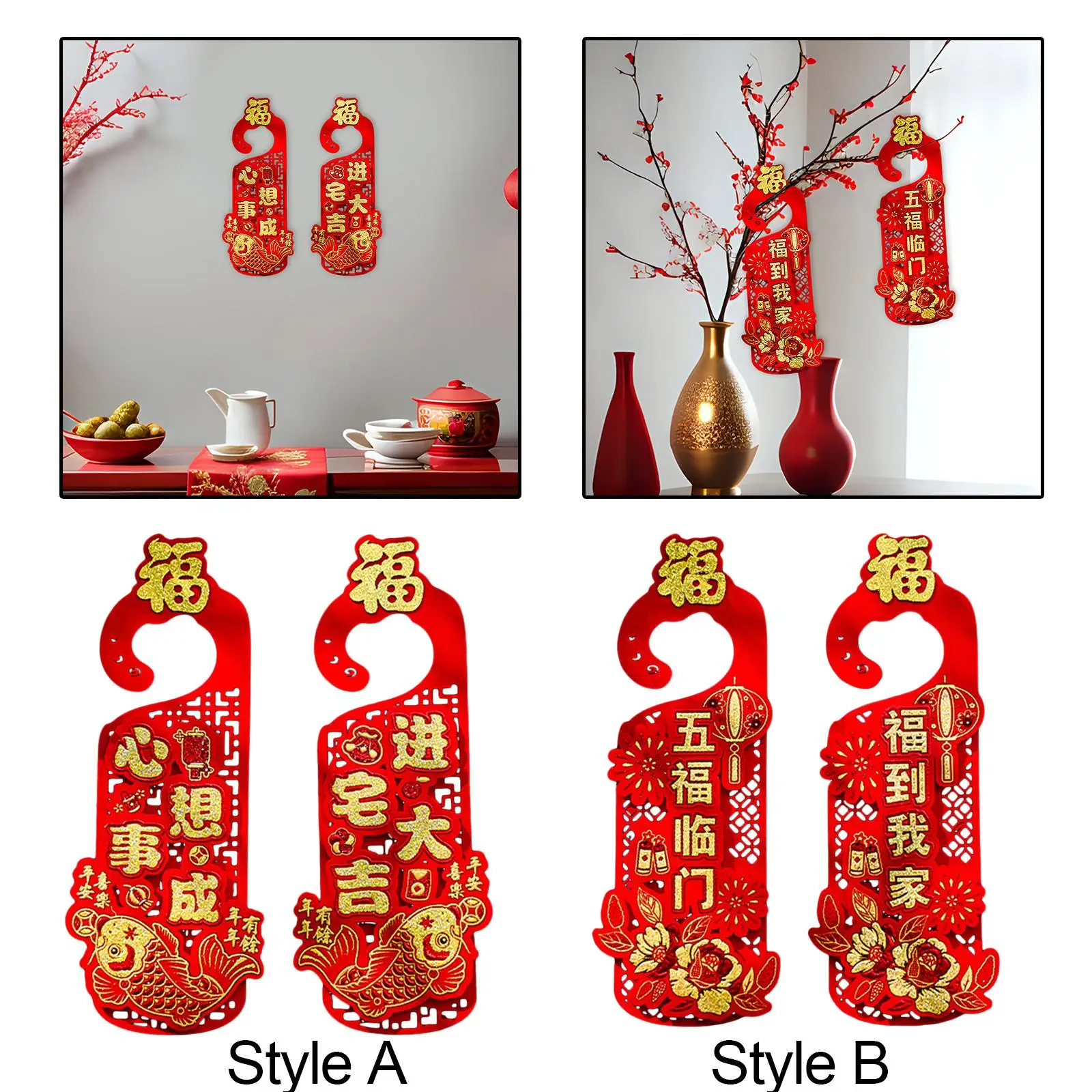 

2Pcs Doorknob Ornaments Chinese New Year Decorations Door Handle Pendants