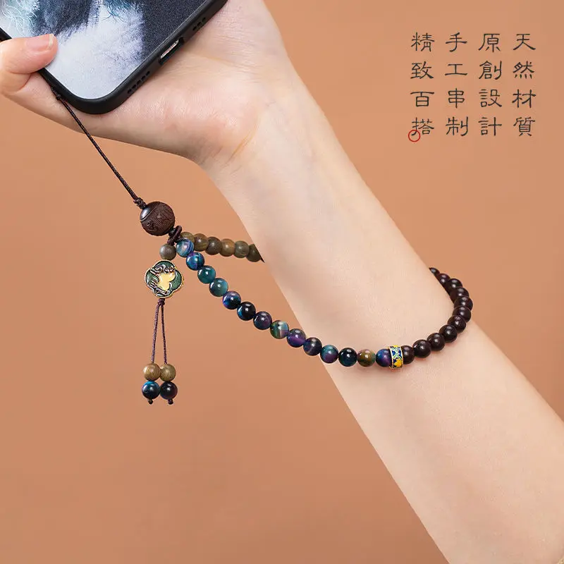 Original Tigereye Green Sandalwood Mobile Phone Lanyard Twelve Zodiac Beaded Mobile Phone Charm Short Animal Year Wrist Pendant