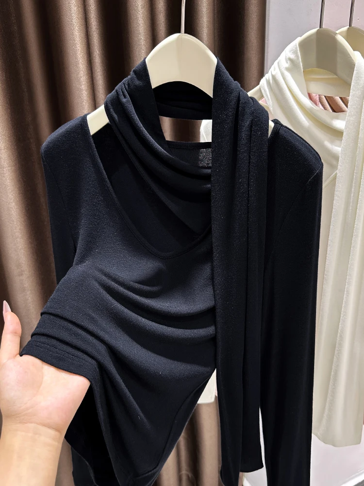 

Черная трикотажная футболка с V-образным вырезом для женщин, облегающая, базовый слой, с вырезом на шее, сексуальная нижняя одежда для осени