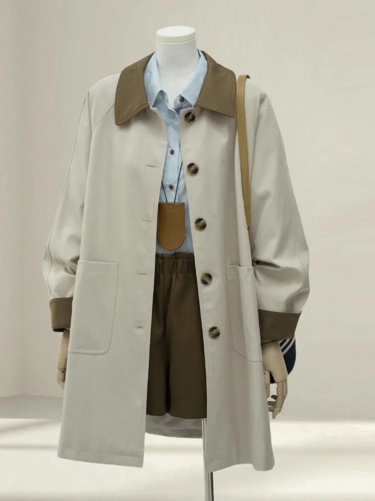 Vintage Trench Coat for Women's Contrasting Color New Korean Straight Simple Medium and Long Temperament Jacket