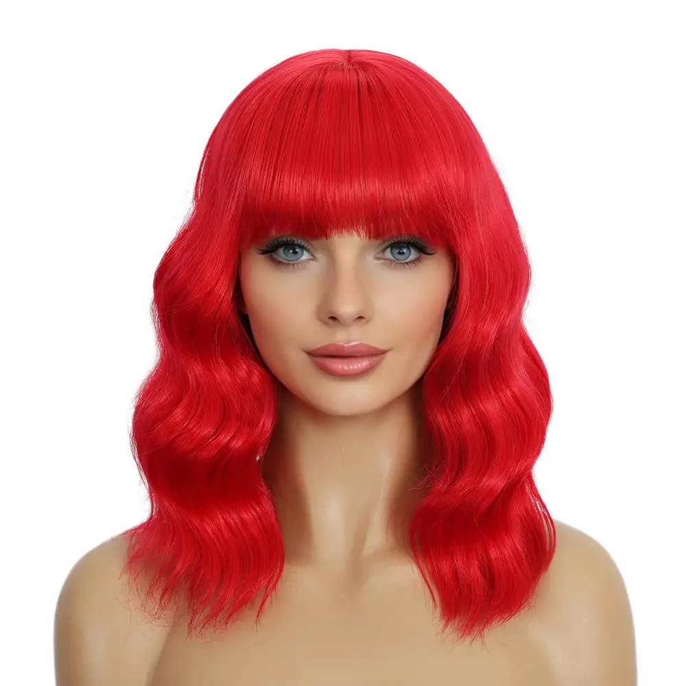 

Красный парик с челкой Боб Синтетические вьющиеся парики Натуральный парик до плеч 14 дюймов для женщин и девочек Ежедневное использование Красочные парики