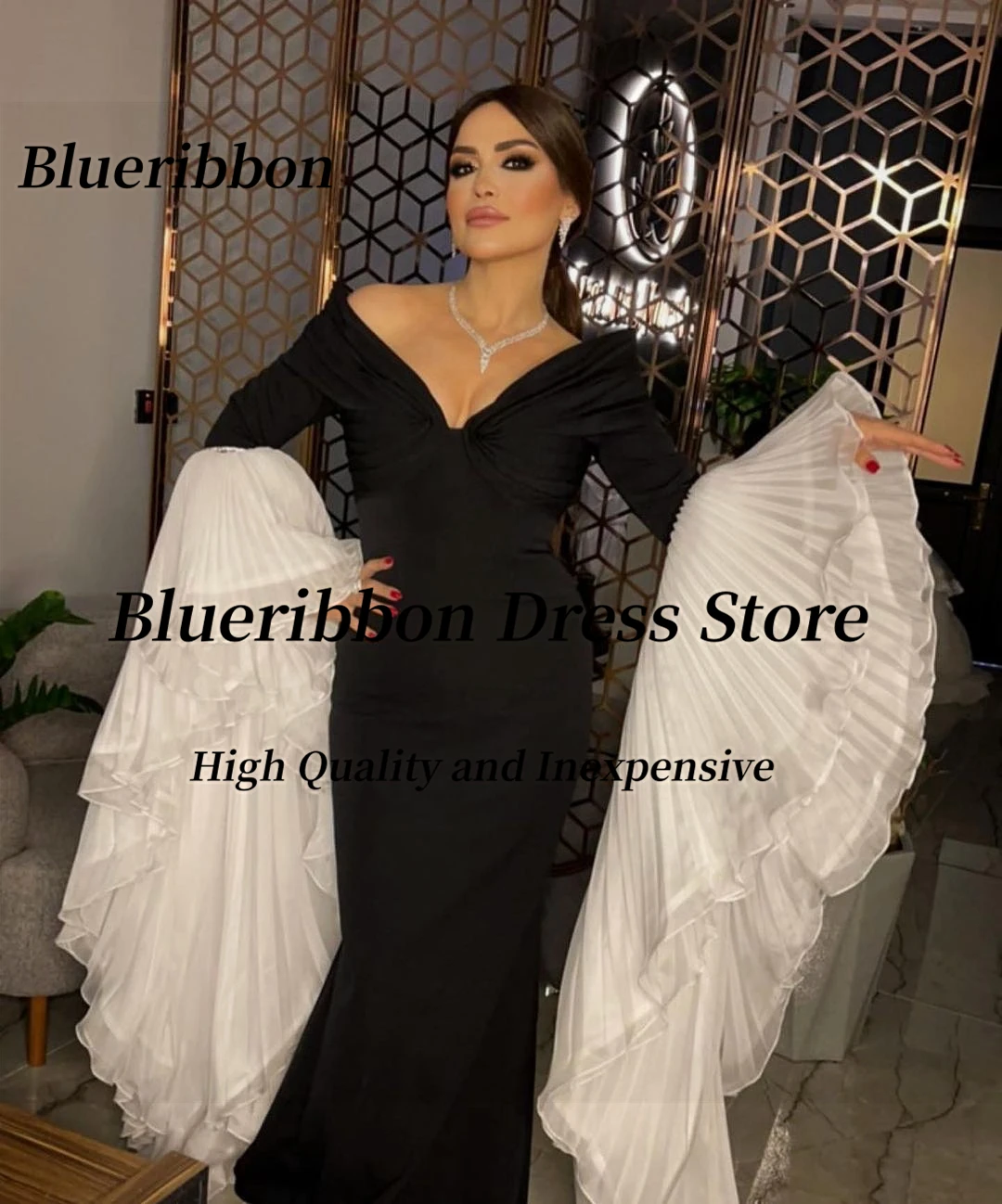 Blueribbon-Vestidos de Noche plisados de manga larga para mujer, ropa de graduación, color negro, Arabia Saudita