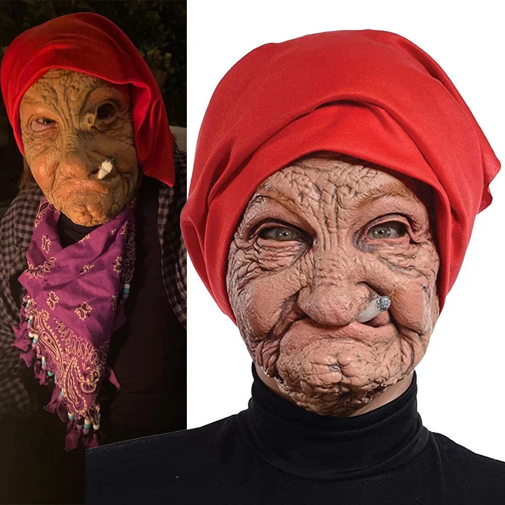 Smoking Old Grandmother Mask Halloween Old Lady Mask Scary Old Woman Latex Masks Realistic Costume Halloween Cosplay Props Funny