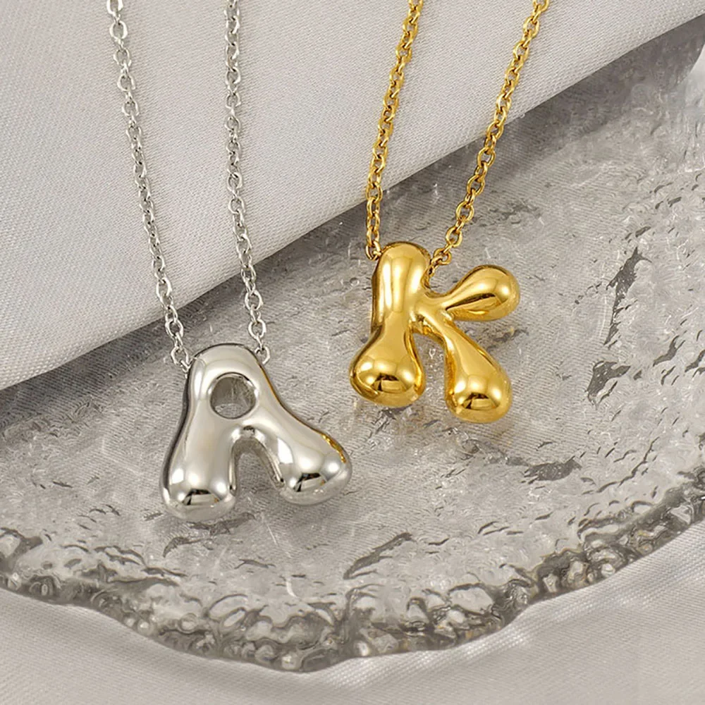 Fashion Stainless Steel Gold Balloon Bubble 26 Initial Letter 18k Pendant Necklace for Women Personalized Jewelry Gift Bulk Sale