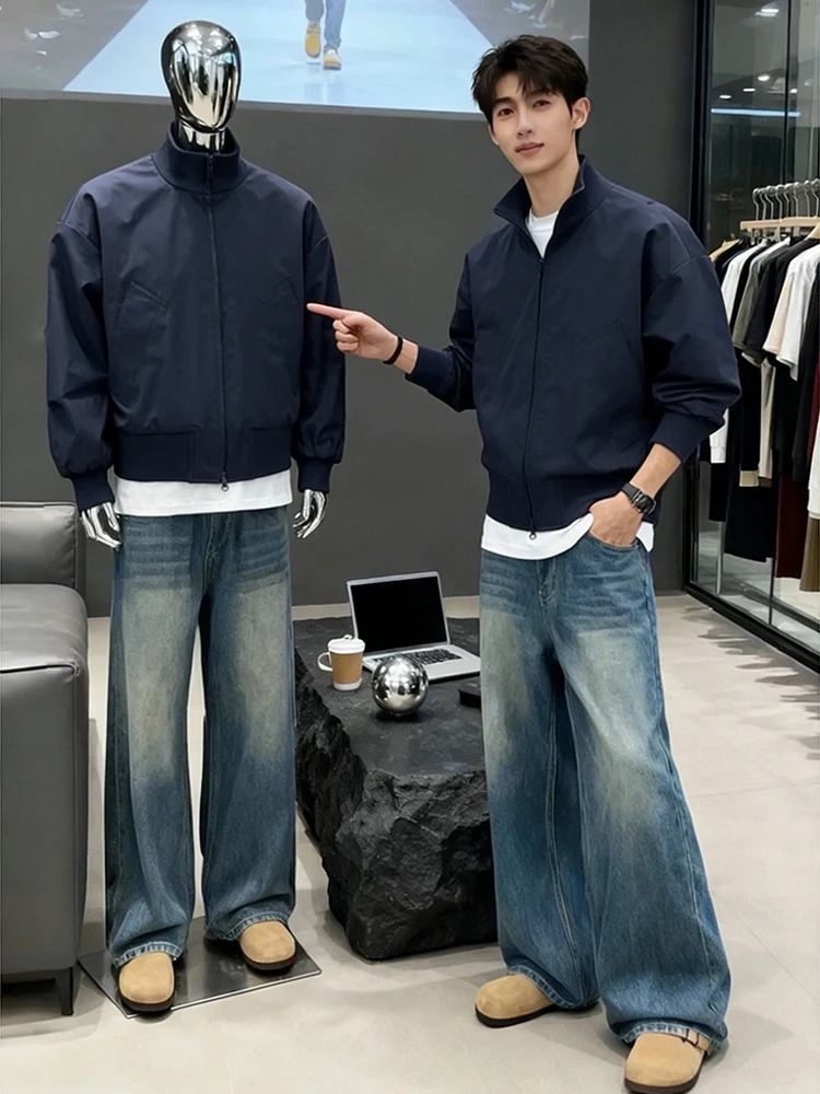 

Мужская рабочая куртка цвета кобальтовой синевы с воротником-стойкой в стиле бейсбольной куртки, американская сенсация, премиум-класс, утилитарная.