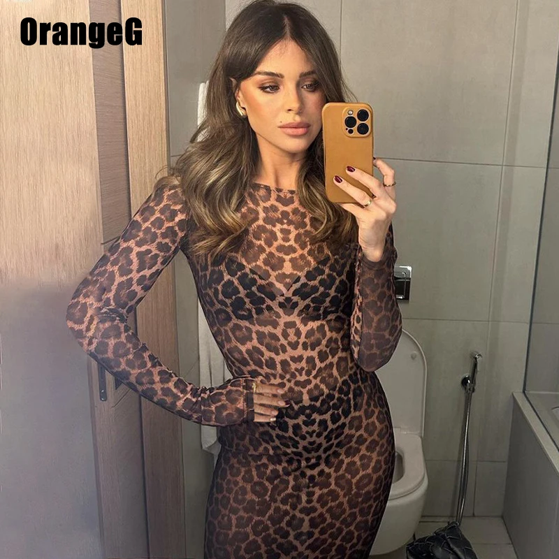 OrangeG Leopard See-Through Long Pencil Dress Women Crew Neck Stretchy Full Sleeve Elegant Perspective Clothes New Arrivals