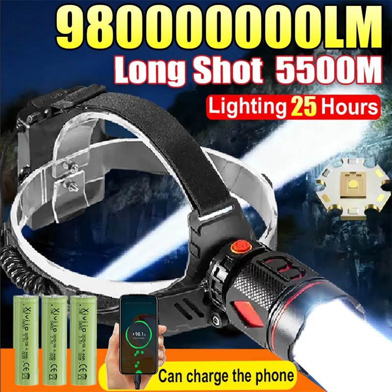 High Power 980000000LM LED Headlamp Super Bright Long Range 5500m Head Flashlight USB Rechargeable Head Fishing Camping Lantern