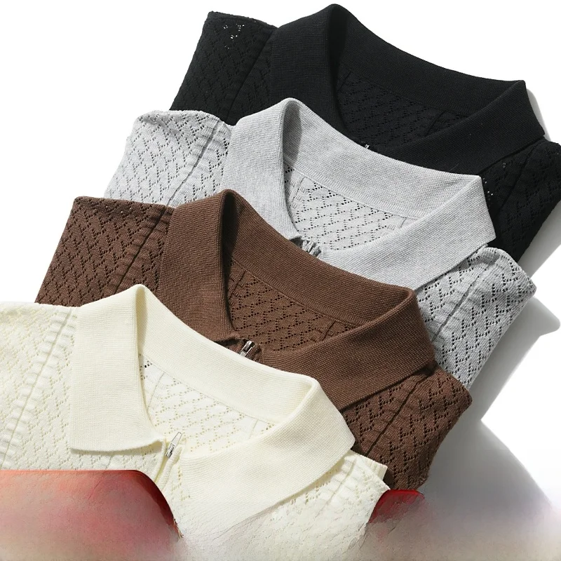 

Knitted Shirt with Hollow out Design Casual Summer Business Style for Men Breathable Short Sleeve Zipper Closure
