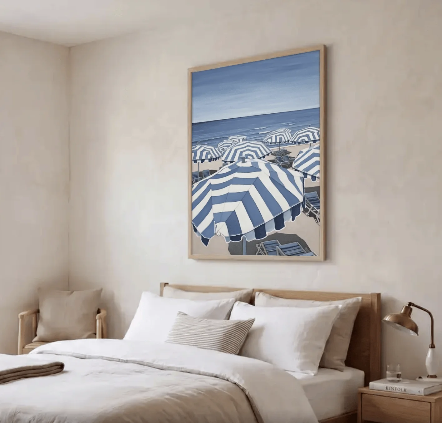 Blue Striped Beach Wall Art Canvas Prints, Coastal Seaside Posters, Calm Decor for Living Room Bedroom Gallery Wall Decor