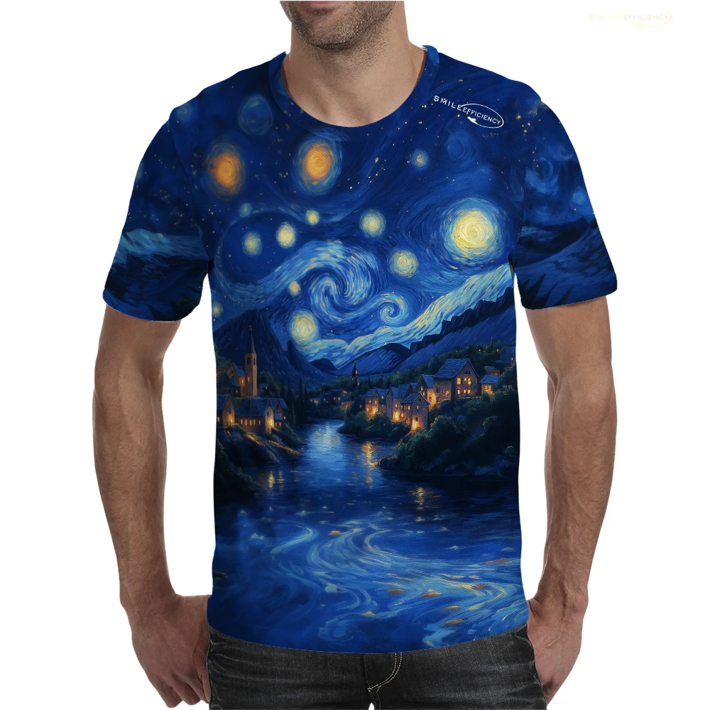 Country Town Star And Moon Pattern 3D Printed T-shirt 100% Polyester Loose Casual Short Sleeve Shirt Street Painting Clothing