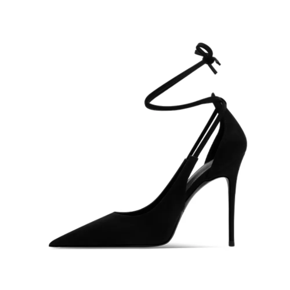 

2025 New Women High Heels Pointed Toe Black Strappy Sandals French Hollow Out Sexy Shoes