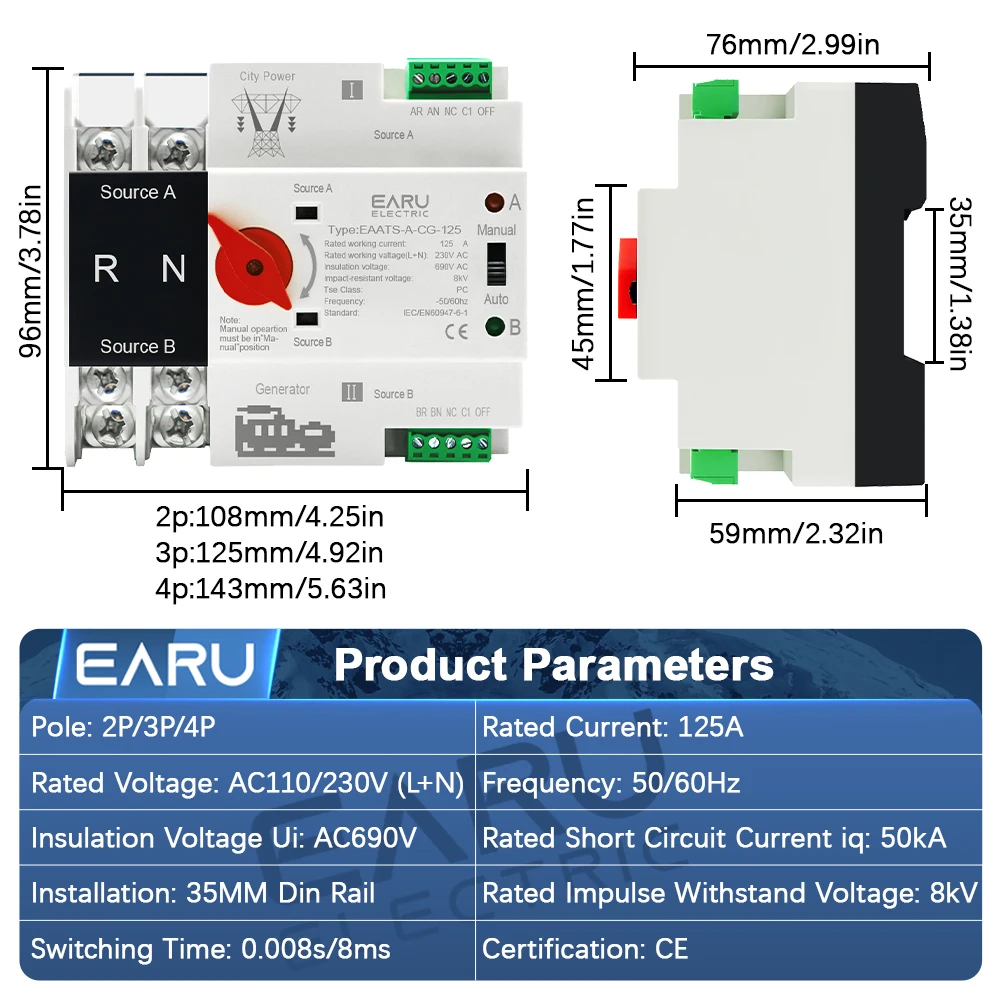 Din Rail 2P 3P 4P AC 110V/230V 125A Mini ATS Dual Power Automatic Transfer Switch Electrical Selector Switch Uninterrupted Power