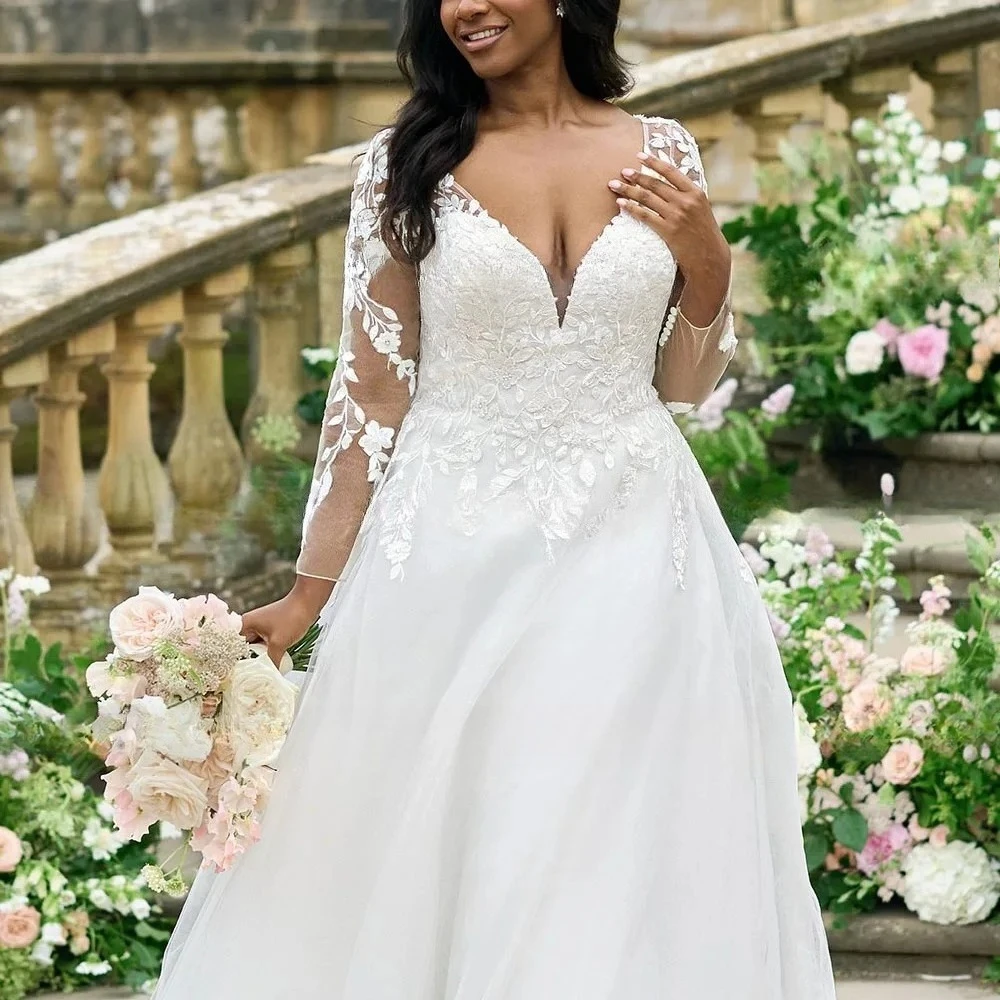 Plus Size A Line Tulle Wedding Dress Deep V Neck Illusion Long Lace Sleeves Lace Appliques Romantic Bridal Gown Vestido De Novia