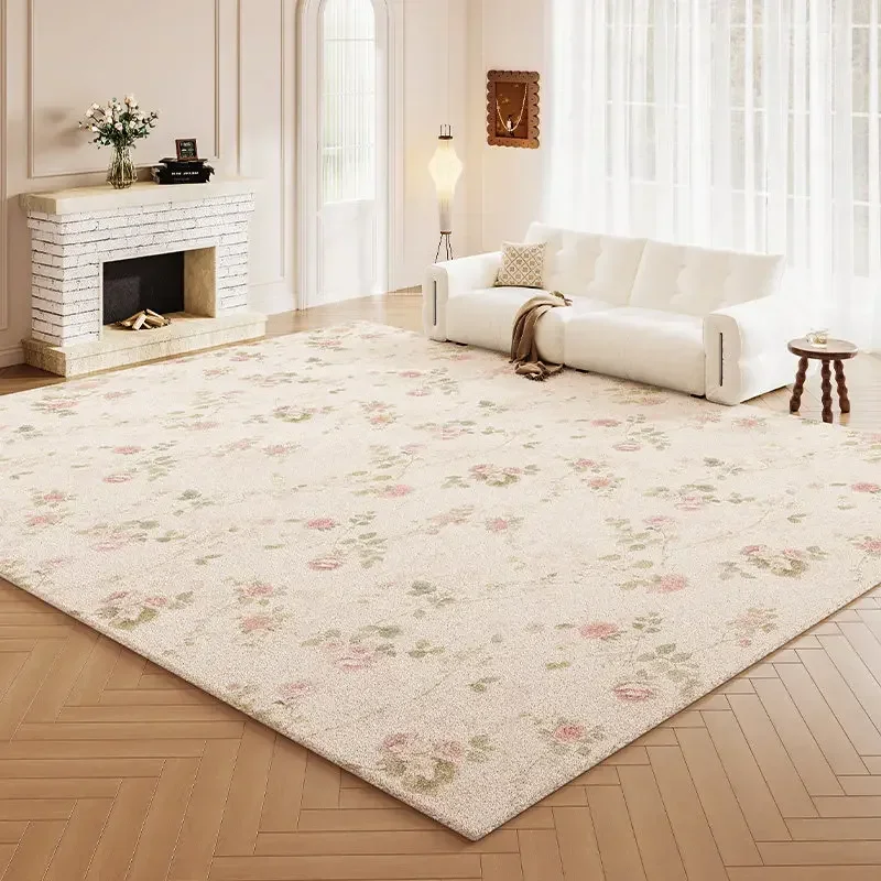 yesCream Style Carpets for Living Room Light Luxury Bedroom Decor Carpet French Floral Bedside Plush Rug Soft Home Thick Floor M
