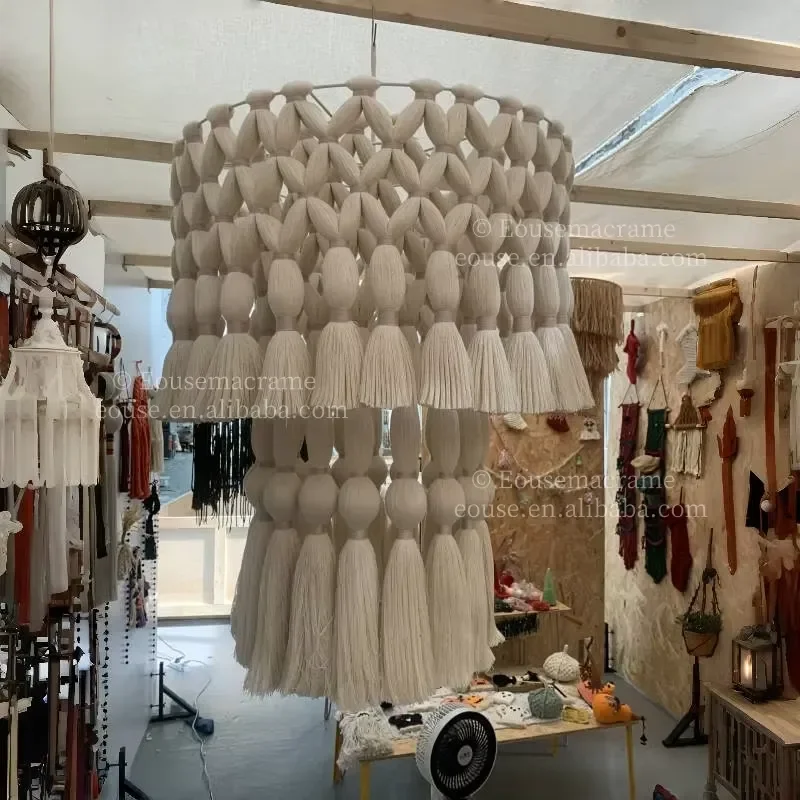 Handmade Bohemian Fiber Rope Lampshade Sustainable Lace Lighting Fixture Home Decor Natural Woven Pendant Light Shade Eco