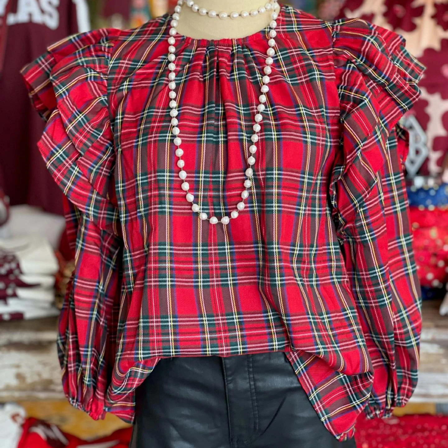 Women Plaid Blouses Flounced Edge Shirts Round Collar Pullover Lantern Sleeve Elegant Loose Fit Casual Office Lady 2025 Autumn