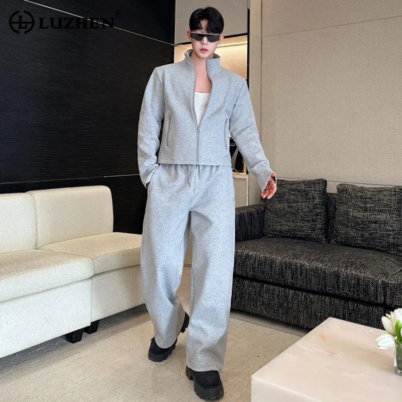 

LUZHEN Spring Korean Fashion Stand Neck Zipper Jacket 2025 Men's Loose Straight Casual Pants Solid Color Two-piece Sets JY5503