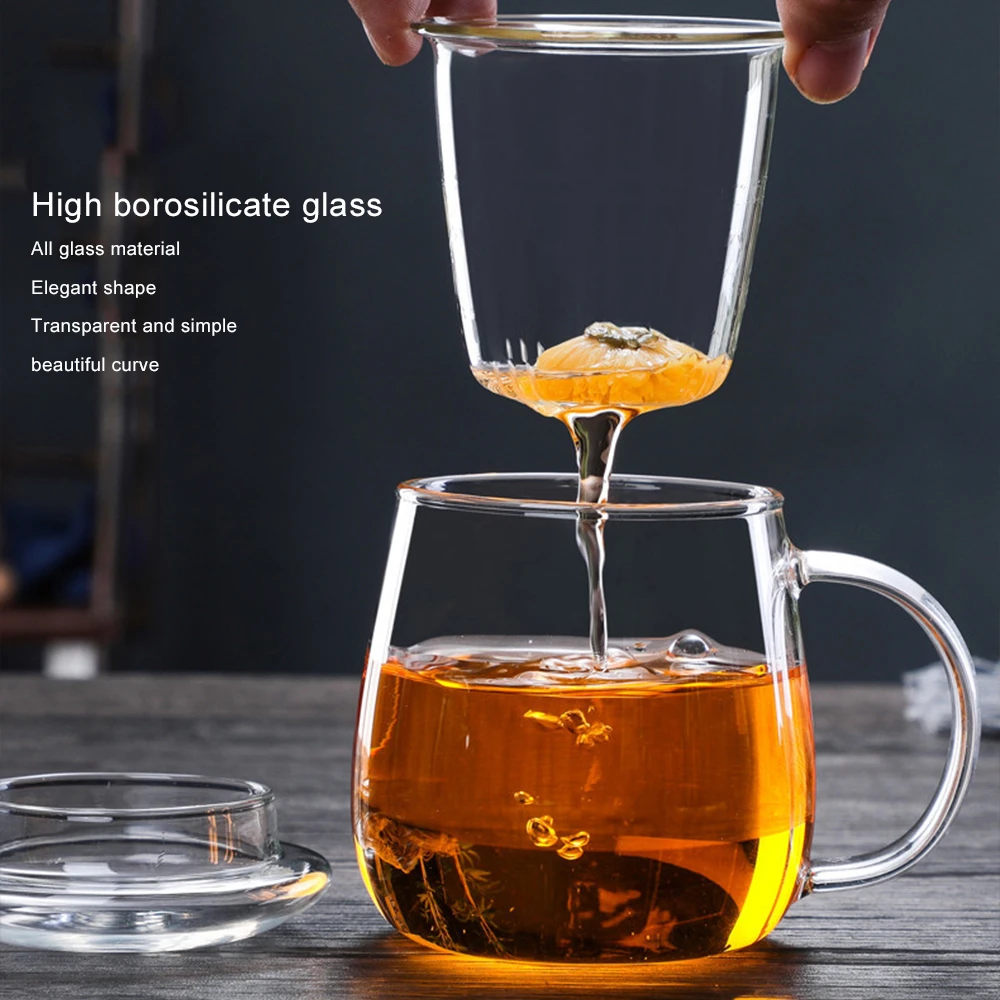 Glass Teacup Coffee Mugs With Dustproof Glass Lid Tea Filter Heat Resistant Tea Infuser Coffee Cup Infuser Filter Glass Tea Mug