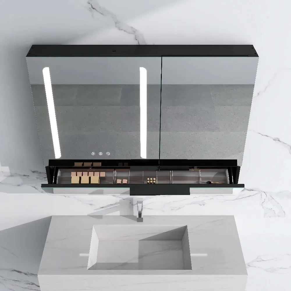 LED Mirror Cabinet with Two Doors Built-in Magnifying Mirror Big Capacity Storage Hidden Cosmetic Drawer Socket Aromatherapy