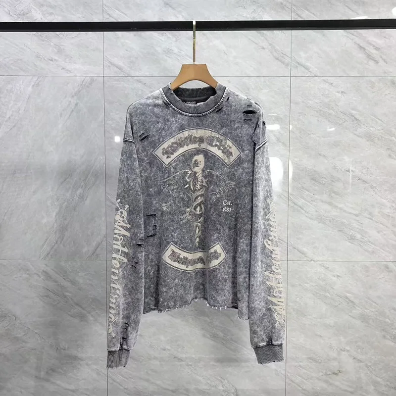 

All Seasons Hip Hop Heavy Washed Gray Damaged Hole Saint Long Sleeves T Shirts Men Women Oversized Cotton Skeleton Print Tee