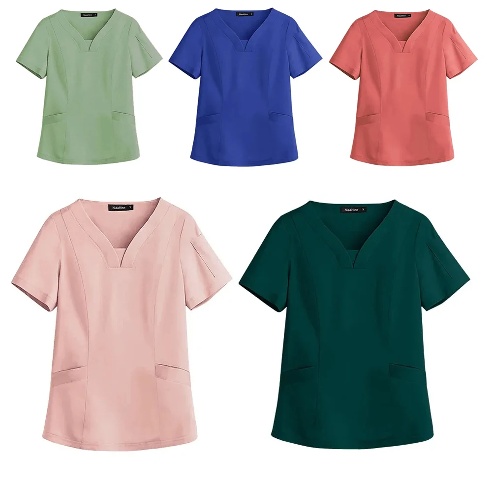 Top de envoltório simulado feminino, Scrubs para mulheres, 3 Bolso, Laboratório da Faculdade de Medicina do Hospital, Clínica Odontológica, Uniforme de Spa