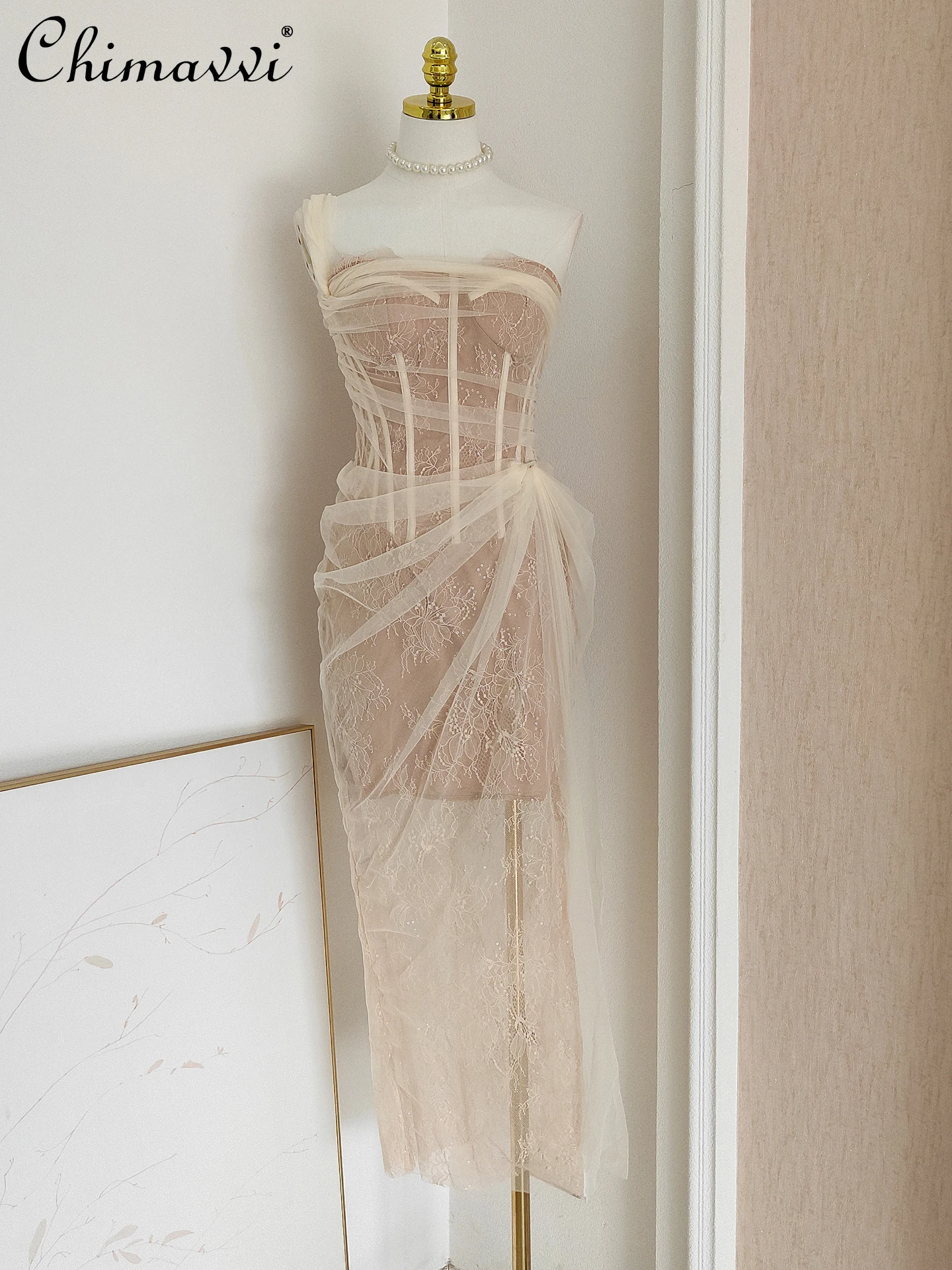 

French Elegant Socialite Evening Party Dresses High Waist Fishbone Slim Fit Bodycon Mesh Patchwork Long Dress for Women Summer