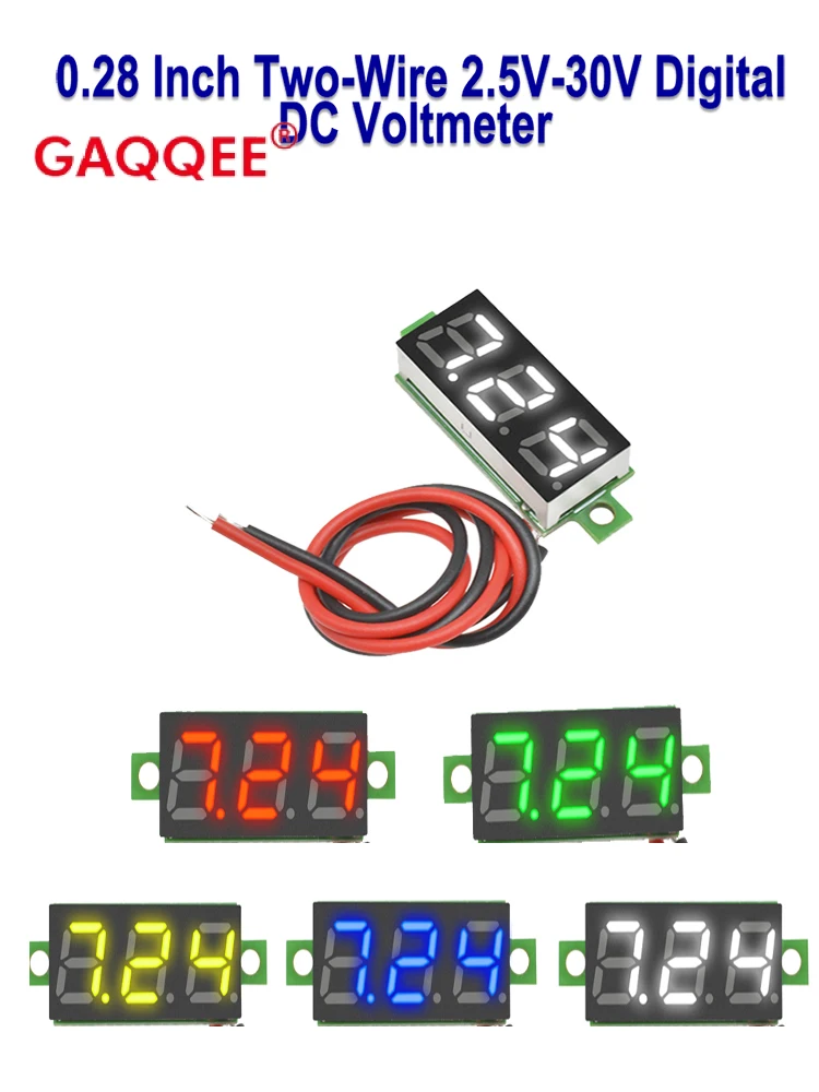 Mini voltmètre numérique cc 0.28 pouces, deux fils 2.5V-30V, testeur de tension, indicateur jaune/rouge/vert/blanc