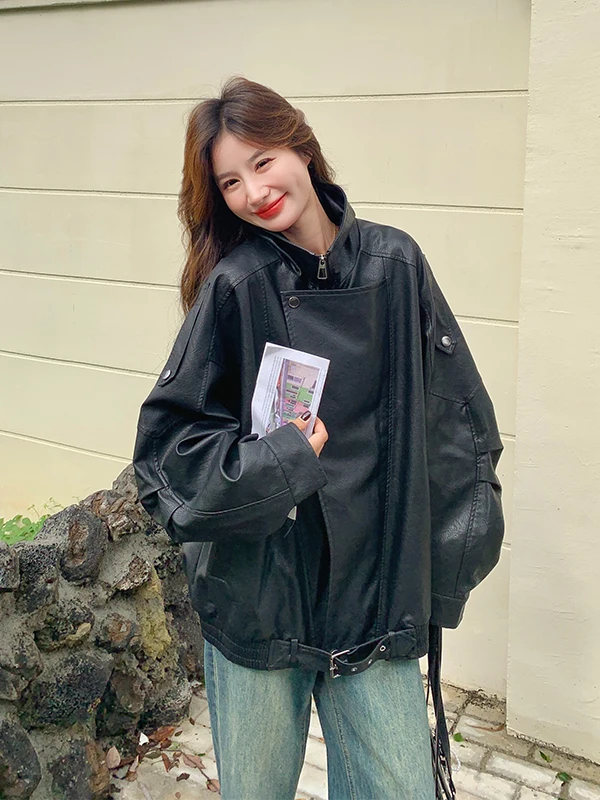 Coole schwarze PU-Lederjacke für Damen – Frühling/Herbst 2025 – Neue High-End Slim-Fit Motorrad-Bikerjacke