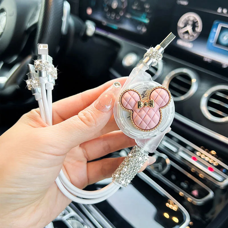 كابل شحن USB سريع للبيانات قابل للسحب من كارتون ميكي 3 في 1 لهاتف آيفون وأندرويد وشاومي وهواوي وسامسونج