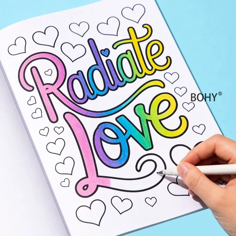 1 Inspirational English Slogan Stress Relieving Coloring Picture Book, 28 Pages, Color Lead Hand Drawn Color Matching Practice