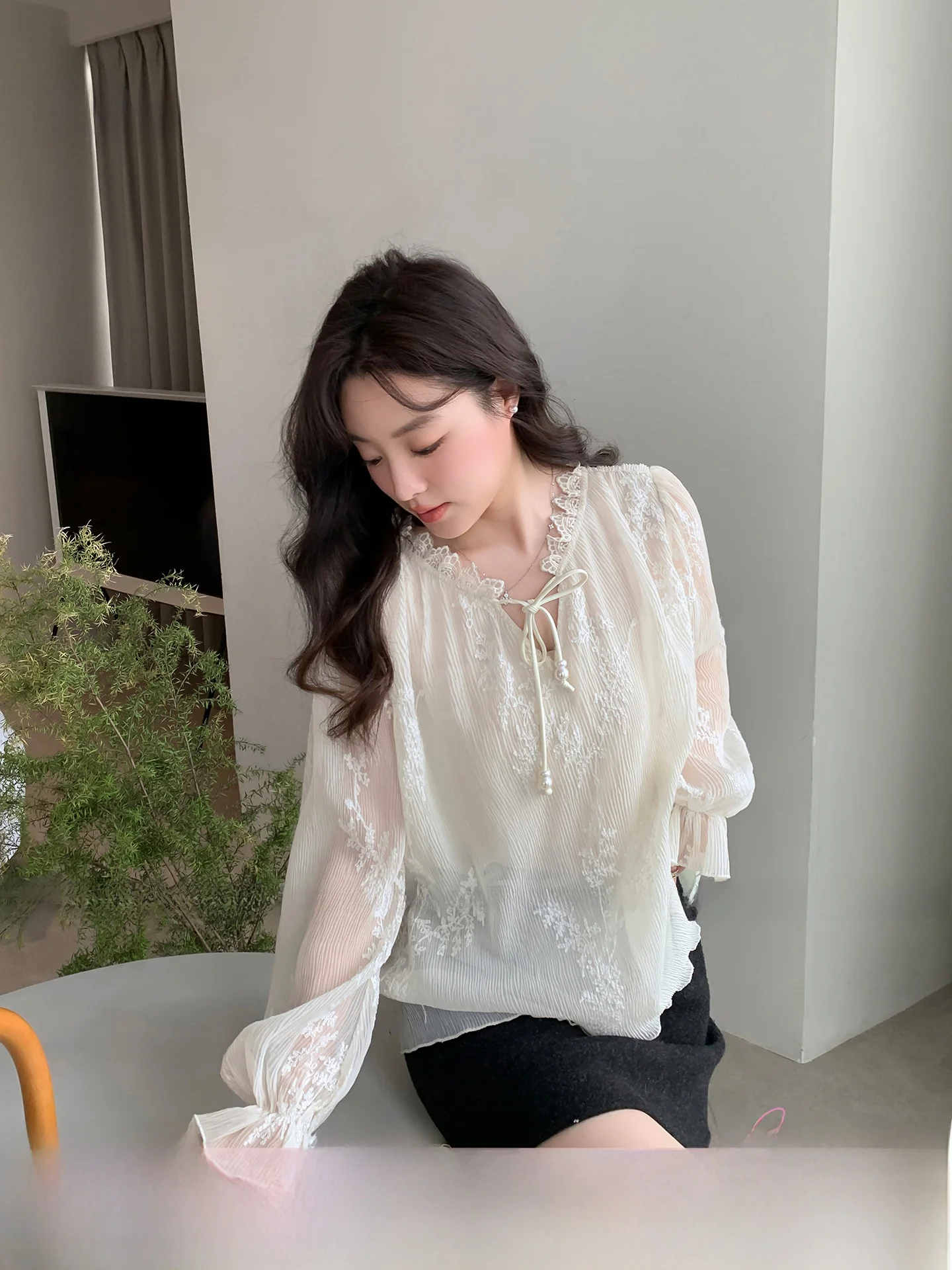 

Elegant Long Sleeve Lace Chiffon Shirt Women's Fashion Spring New Style Dream Shadow Floating Flower French Style Loose Fit