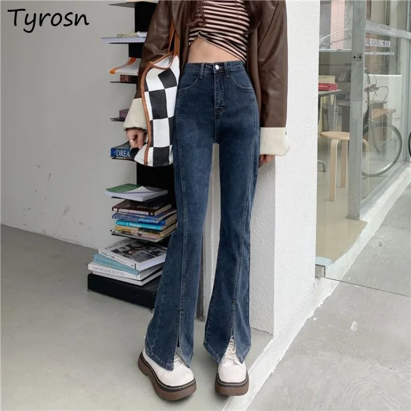 Flare Jeans Women Slit Solid Design Unique High Waist Sagging Sensation Ins Trendy All-match Korean Style Spring Sweet Hot Girls