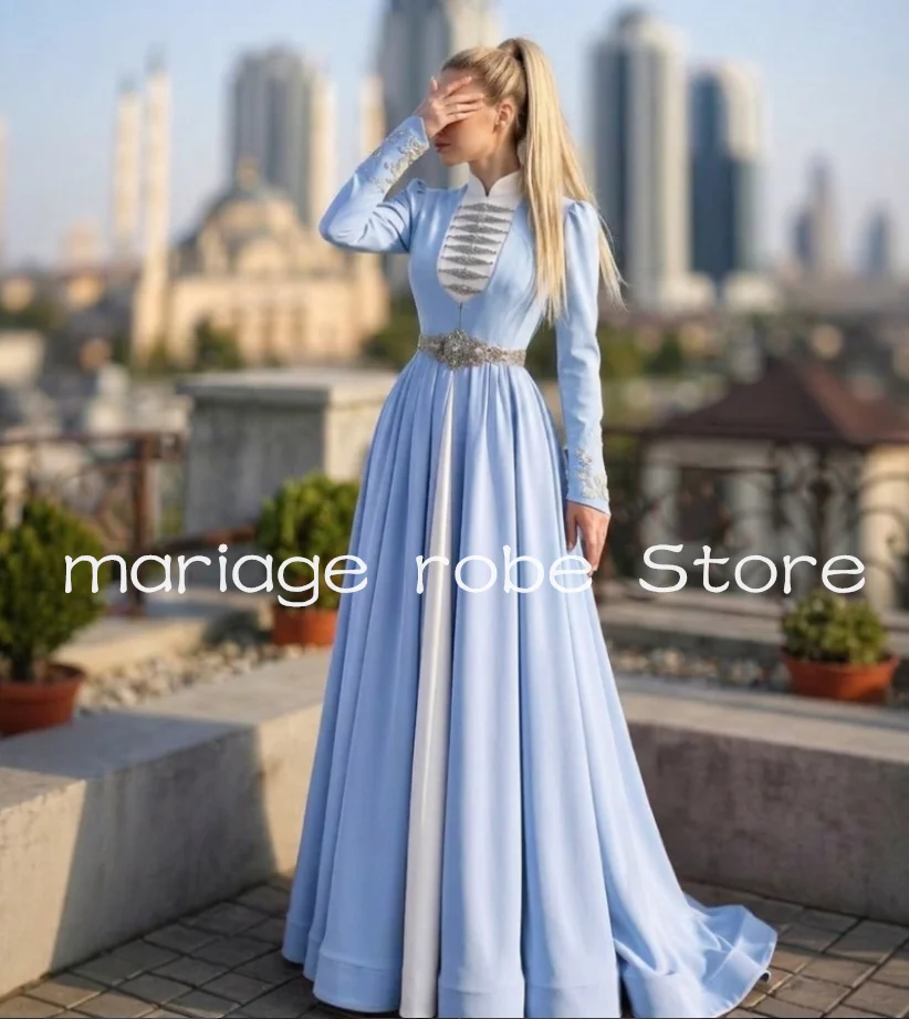 Sky Blue Muslim Caftan Prom Dresses with Long Sleeve traditional motifs High Neck Circassian National Evening Gown Custmsize