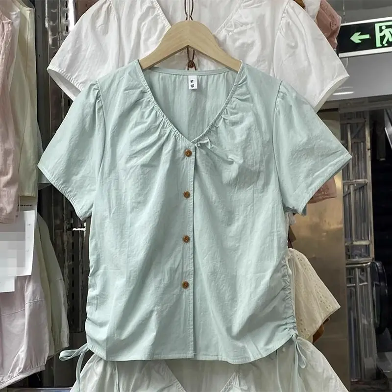 Korean Drawstring Chiffon Pleated V-neck Shirt Women Summer Loose and Versatile Single Breasted Shirt Short Sleeved Top