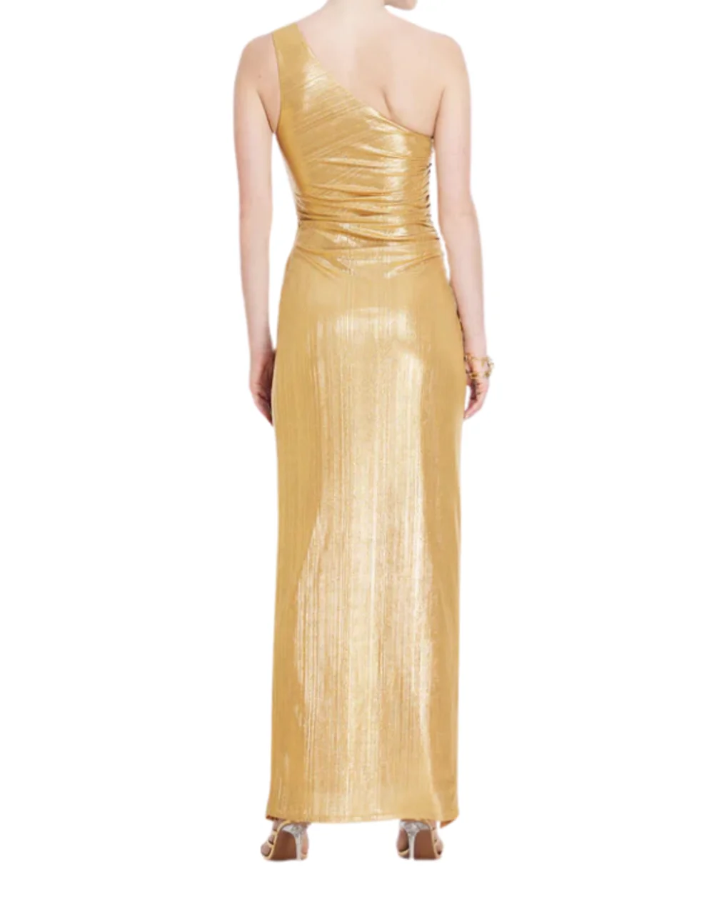 

Prom Gown Gold Tight High Slit Pleated Ankle Length Single Shoulder Sleeves Evening Dress Sexy Gorgeous Shiny Eye-catching