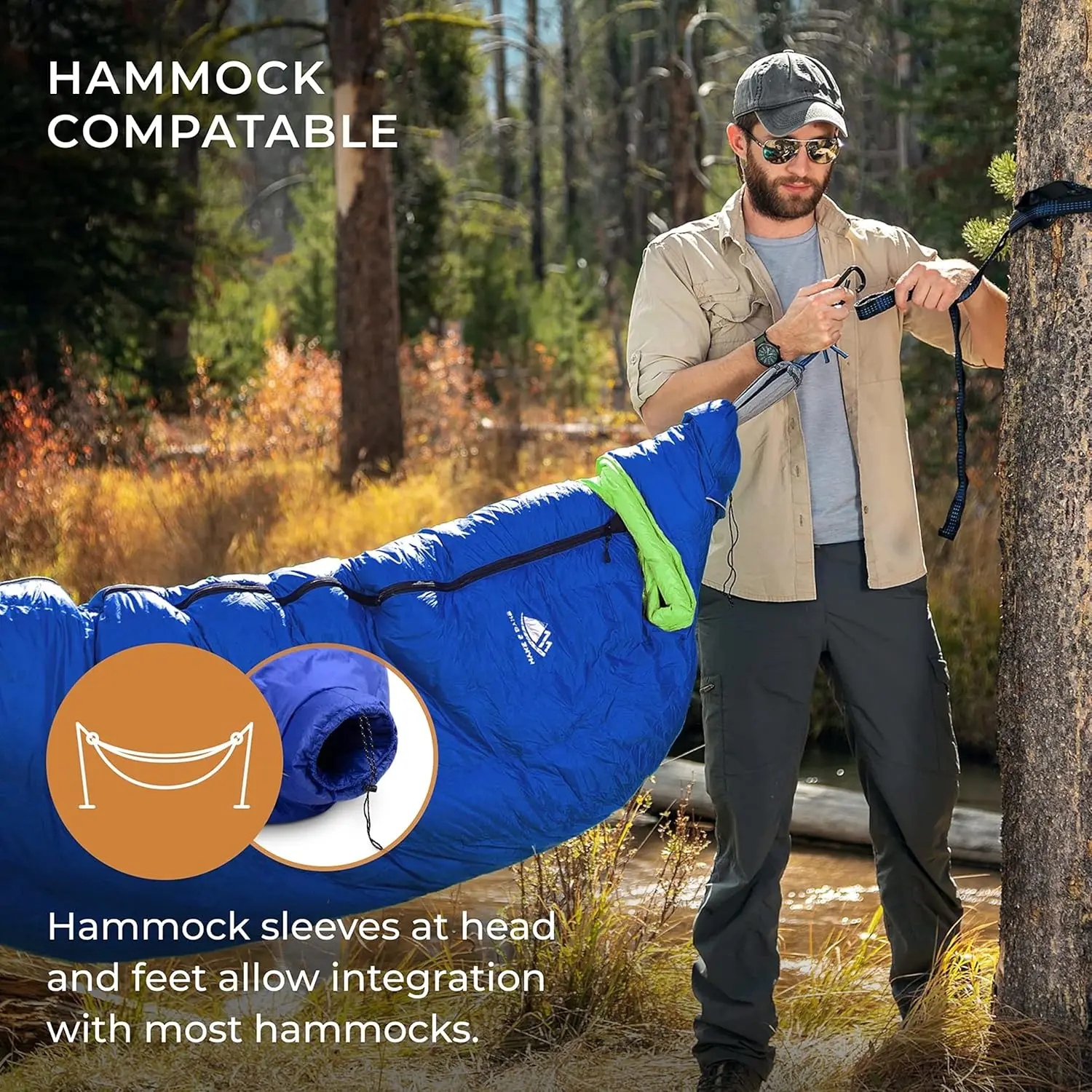 Camping Hammock Sleeping Bag - 4 Season, 800FP Goose Down Sleeping Bag - Ultralight