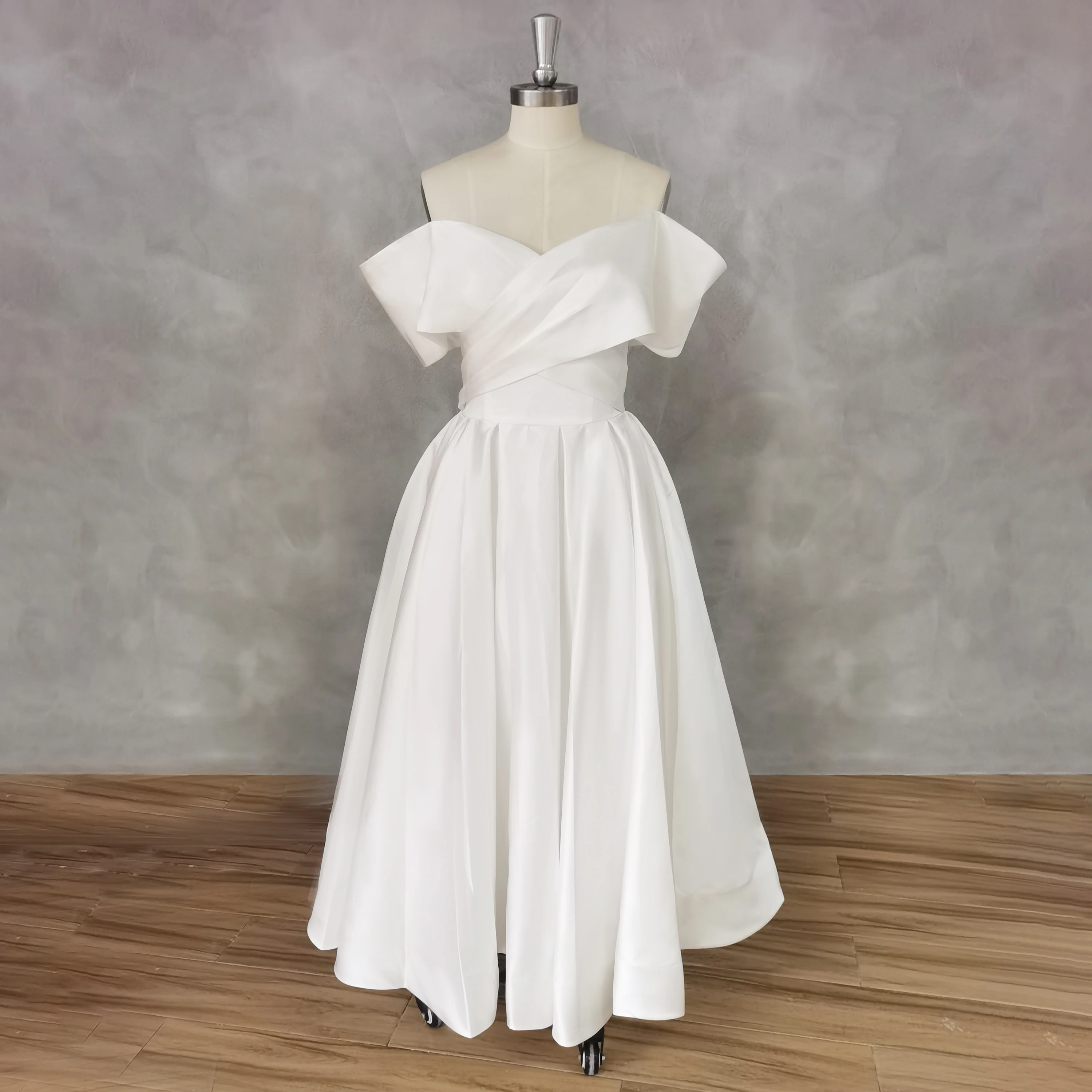 

DIDEYTTAWL Real Picture Off-Shoulder Pleats Mid-Calf Satin Wedding Dress Simple Lace Up A-Line Elegant Bridal Gown Custom Made