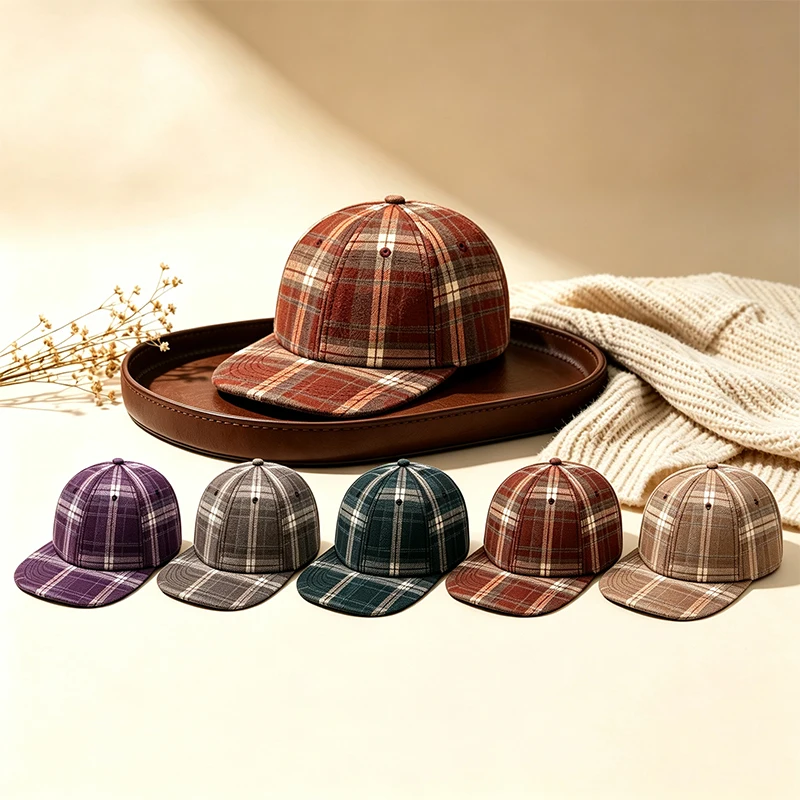 Retro Baseball Cap Plaid Flat Brimmed Adjustable Snap Cap Autumn and Winter Warm Hip Hop Cap for Men Women Daily Outdoor Wear