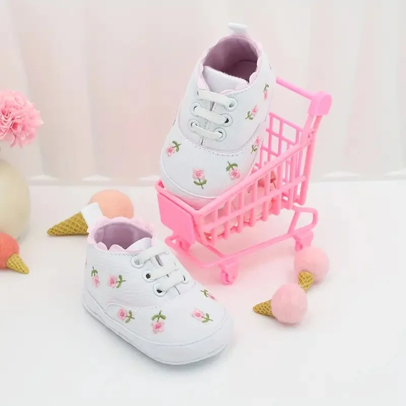 

Baby Girl's Adorable Flower Pattern Walking Shoes, Comfy Non Slip Casual Adorable Lace Up Shoes For Infant's Outdoor Activities