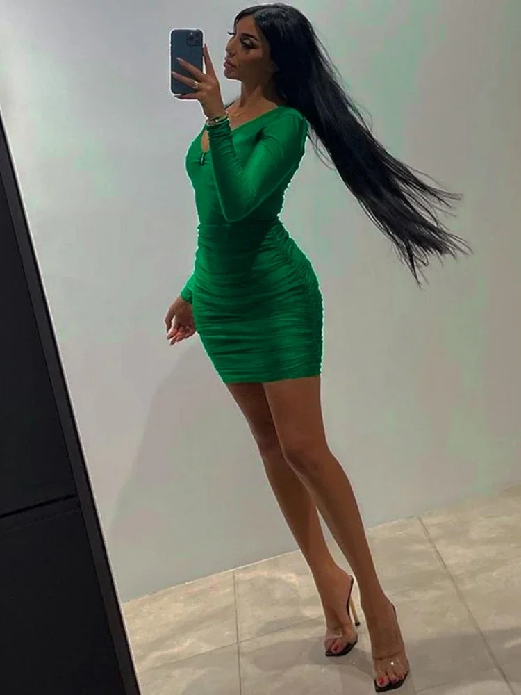 Vestidos ajustados De manga larga para Mujer, ropa Y2k, cuello en V, ropa De calle Sexy, verde, pliegues, trajes De dama De moda