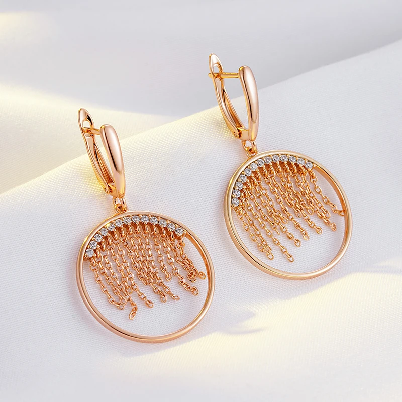 Wbmqda Luxury Tassel Long Dangle Earrings For Women 585 Rose Gold Color Natual Zircon Setting Retro Ethnic Wedding Jewelry Gift