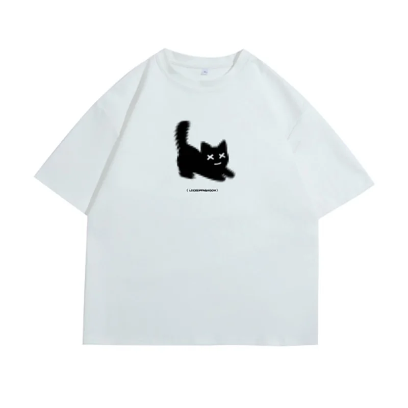 Men's Oversized T-shirts Cotton T Shirt White for Men Casual Summer Wear Cat Anime Print Fashion Tee Shirts Men Clothing
